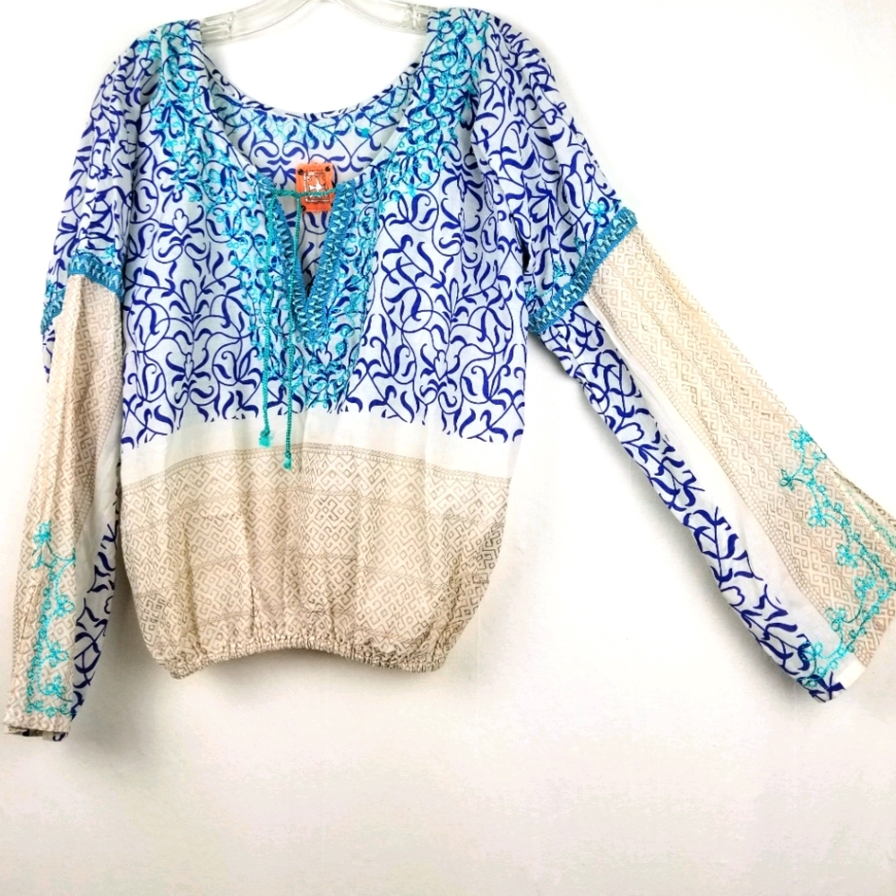 New Free People Boho Ribbon Embroidered Long Sleeve Peasant Top Size Small